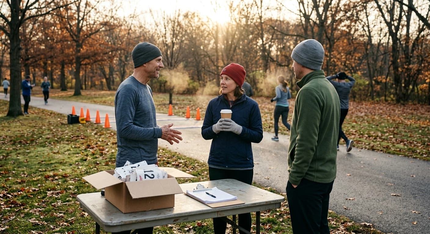 Club volunteers in beanies and gloves setting up a folding table with race bibs and a clipboard beside a park path on a cold fall morning