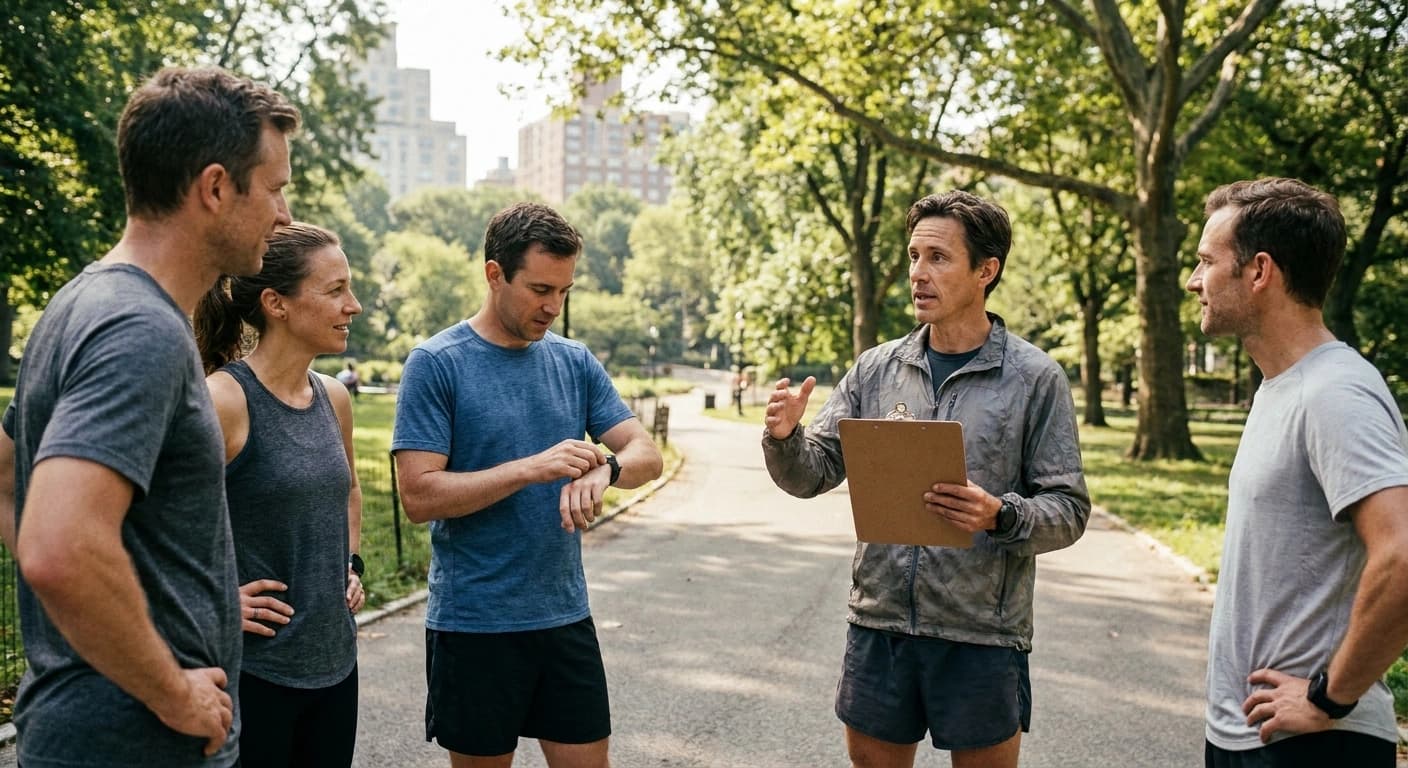 A small group of runners gathered in a sunlit park before a group run, one holding a clipboard mid-conversation