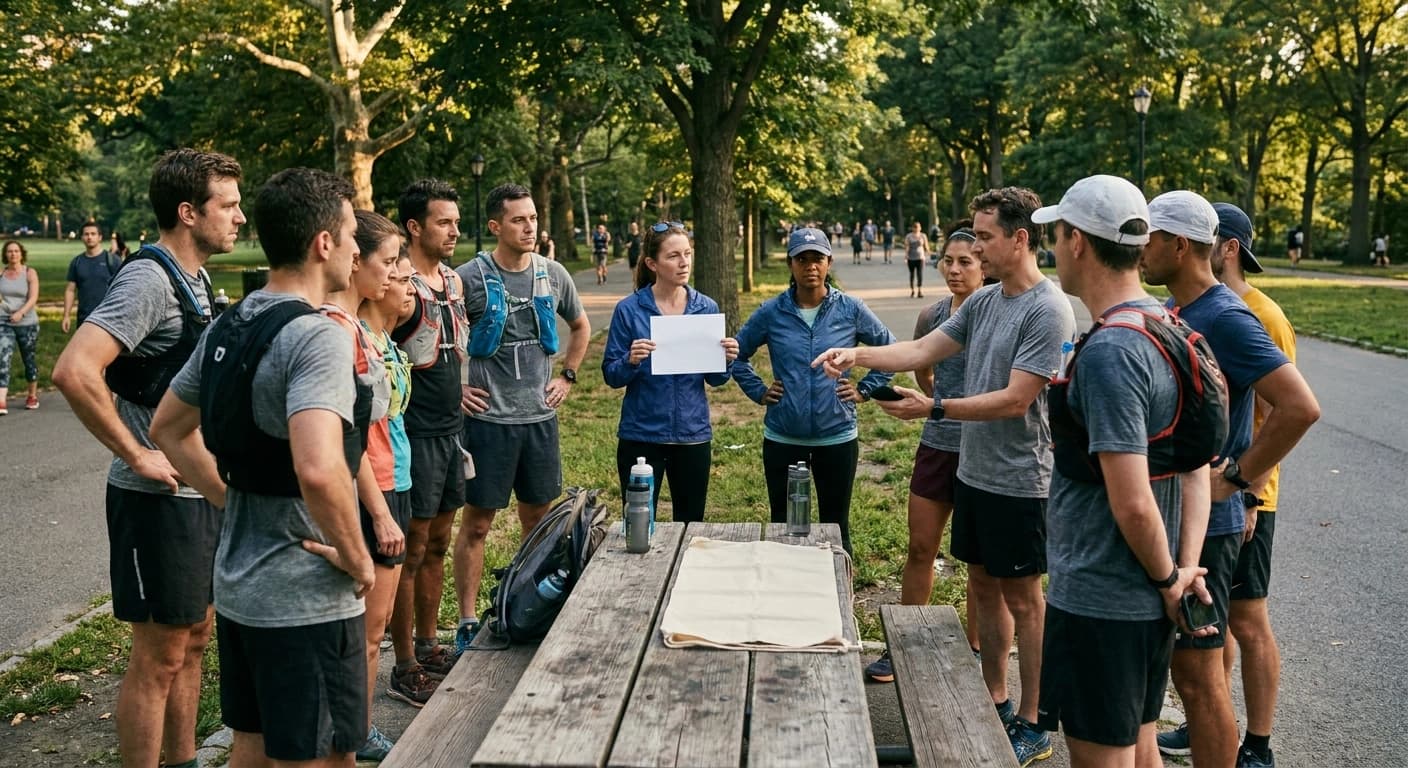 Runners gathered around a park picnic table after a group run, one organizer holding a printed sheet while another points at a phone