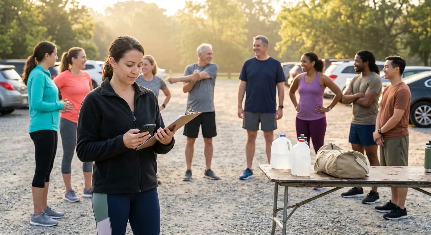 A run club organizer with a clipboard and phone at a folding table in a park parking lot before a Saturday morning group run