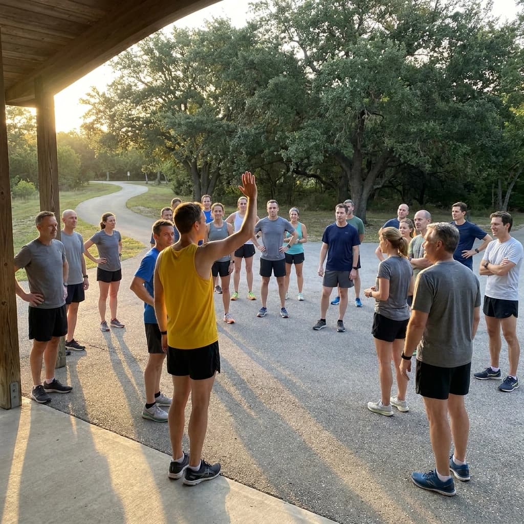 Runners gathered at a park pavilion on a summer evening while a run leader in a bright vest raises a hand to call the group together