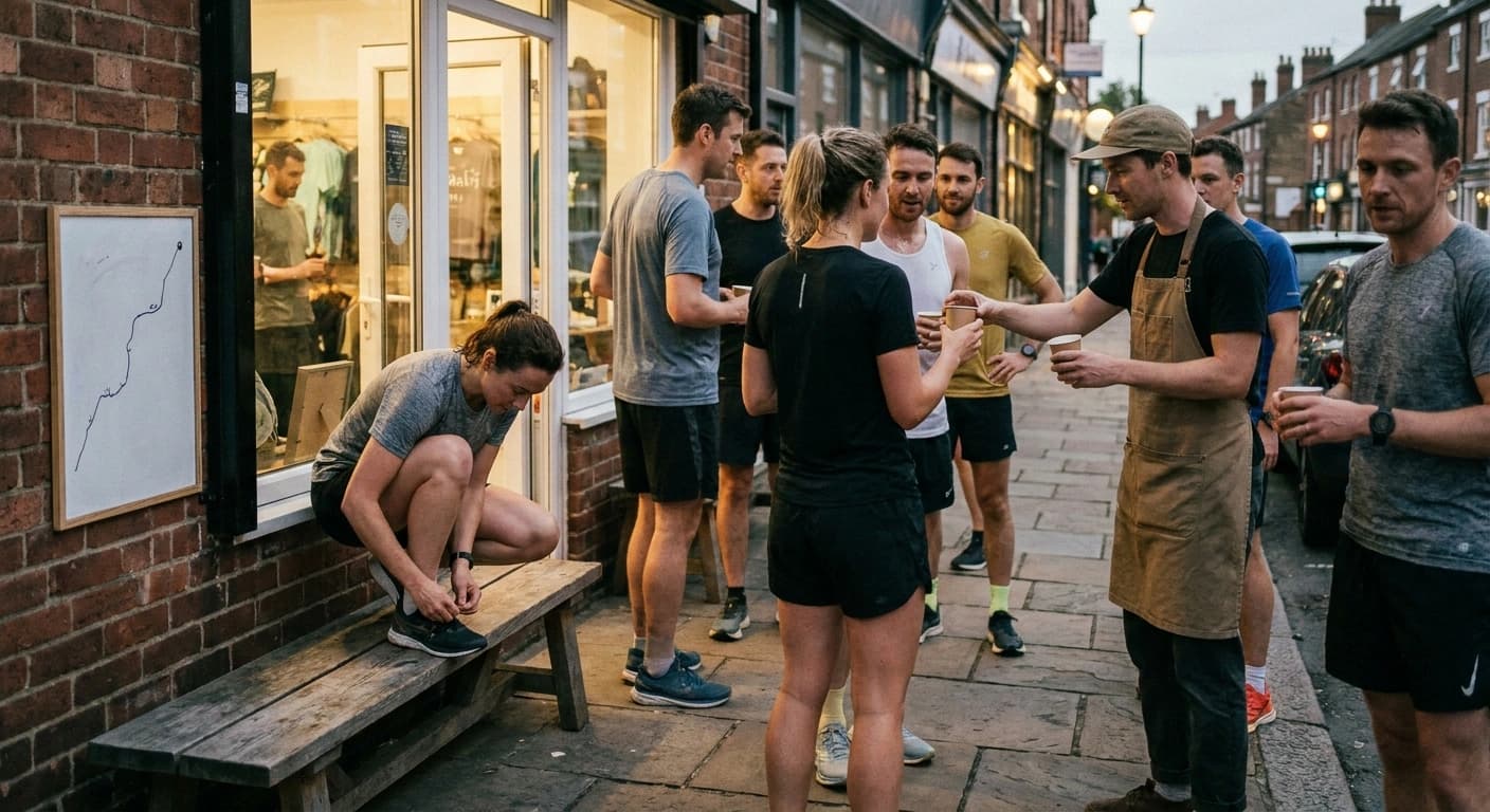 Runners gather outside a small running store at dusk while a store employee hands out water cups before a group run