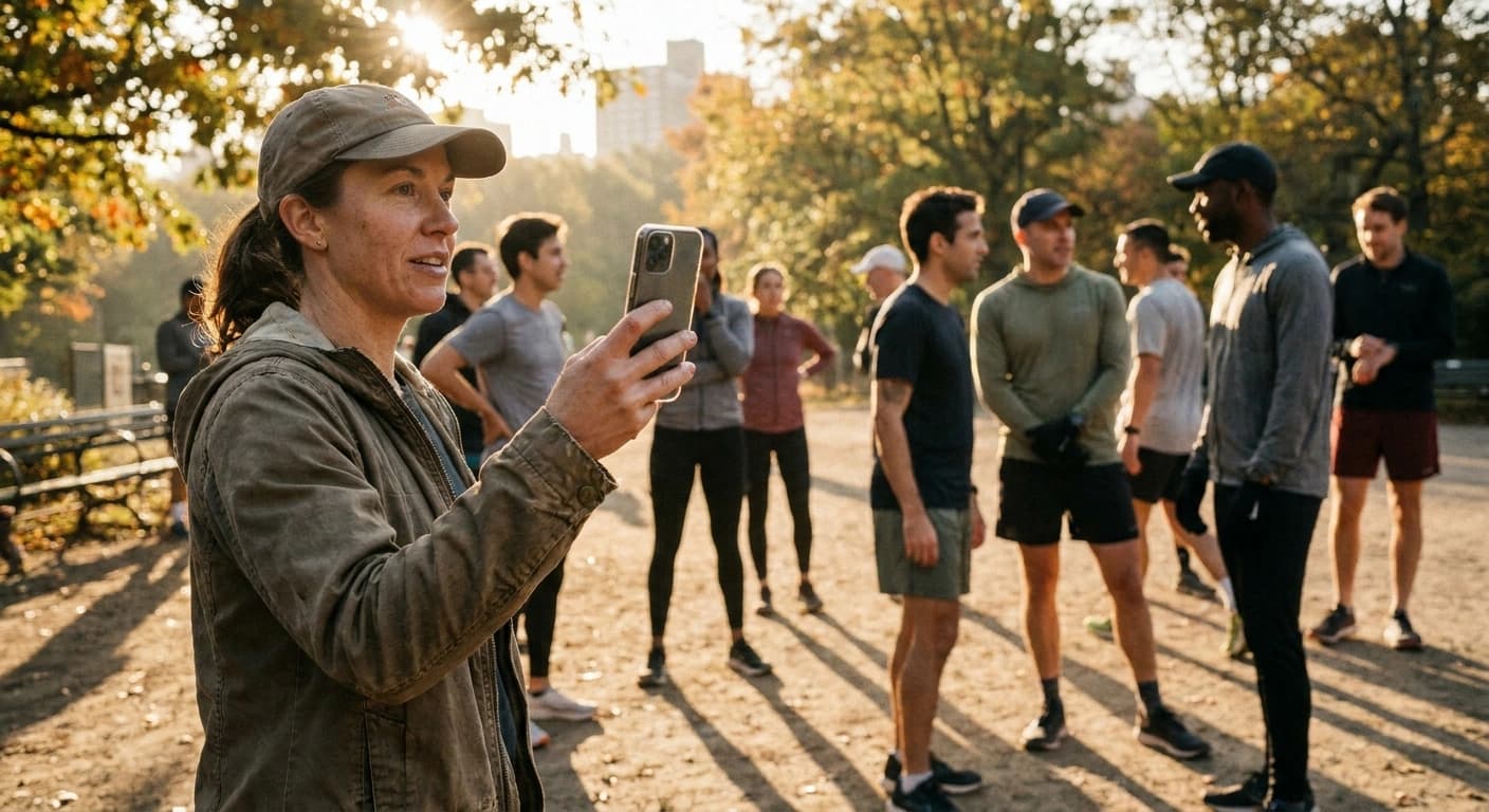 A run club organizer counting heads as runners gather at a park trailhead at golden hour