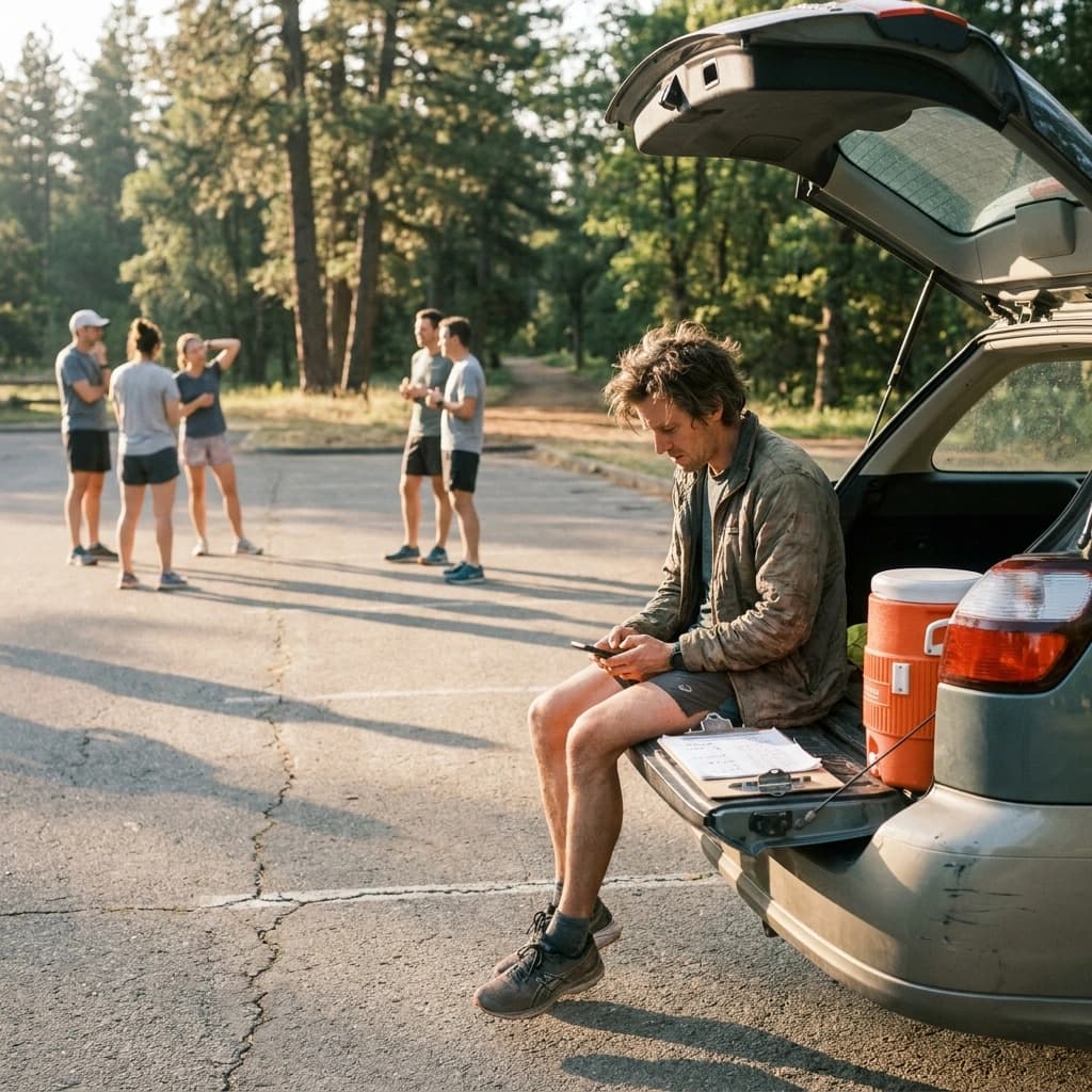 A run club organizer sitting on the tailgate of a car in a park lot after a morning group run, phone in hand, runners stretching in the background