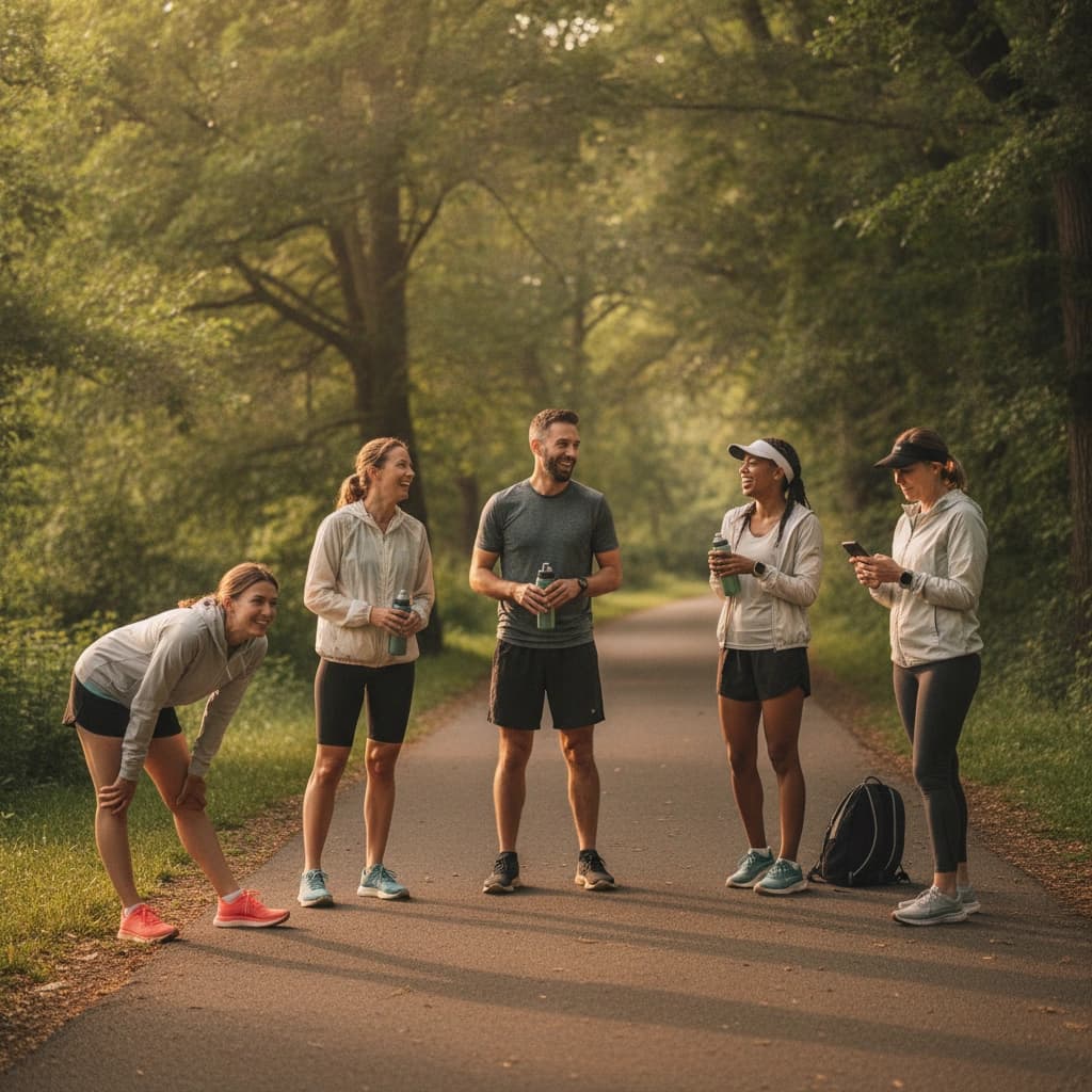 A small group of adults gathering at a city park trailhead before a morning group run