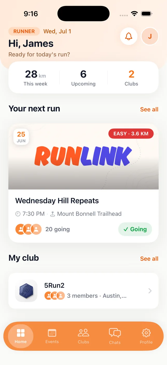 The RunLink runner home screen showing weekly distance, the next club run and its RSVPs