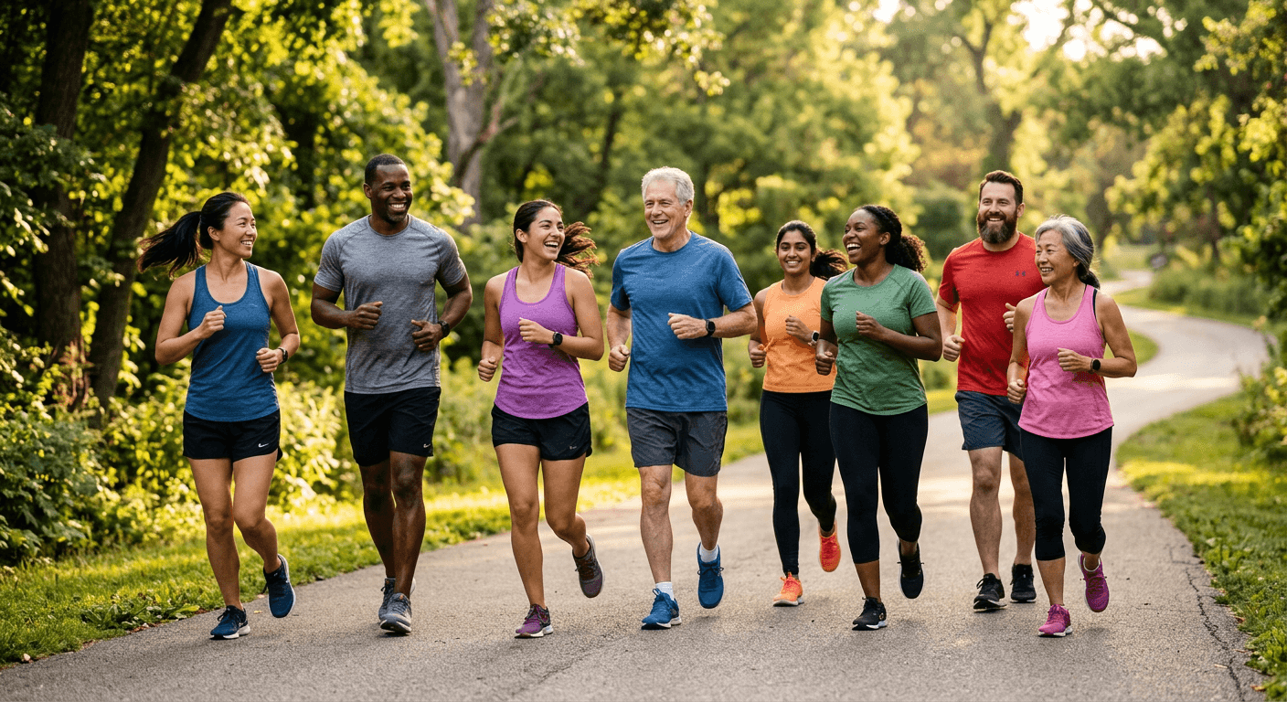 Diverse group of runners enjoying a community run together