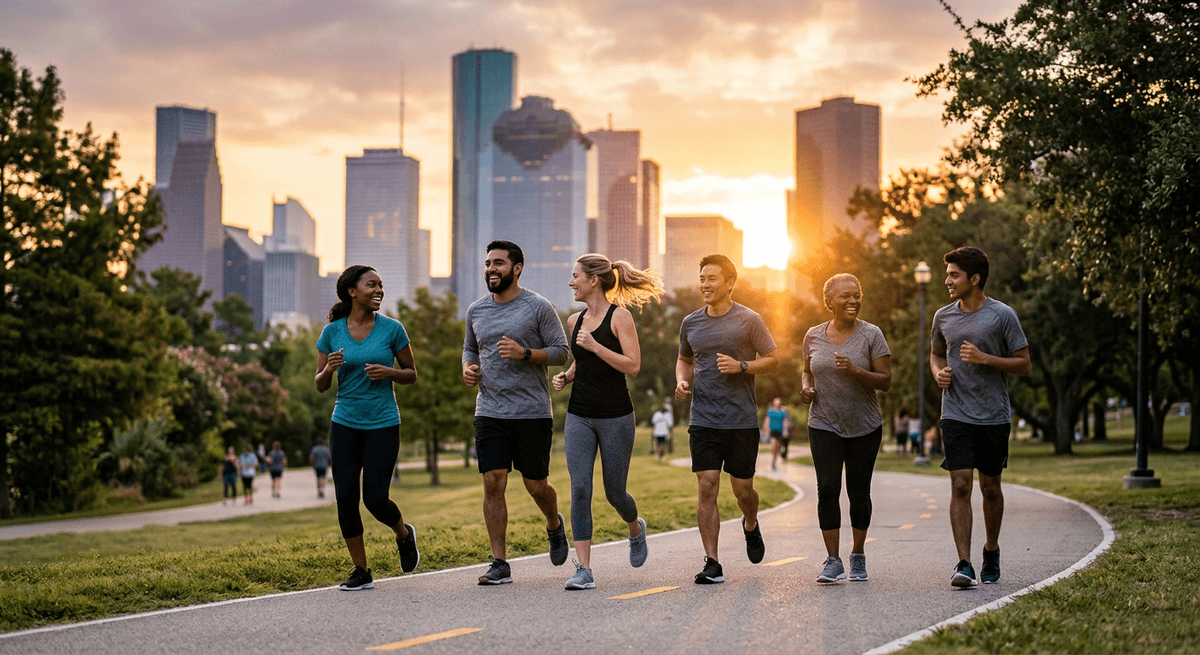 Group of runners jogging together on a trail at golden hour