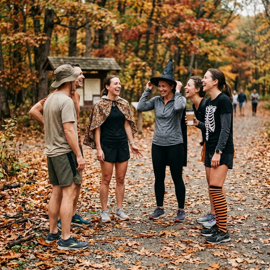 A small group of adult runners in homemade costumes laughing at a park trailhead on an autumn morning