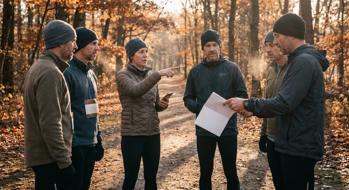 A small group of runners in fall layers gathers at a park trailhead at sunrise while one points down the path and another hands out a route sheet
