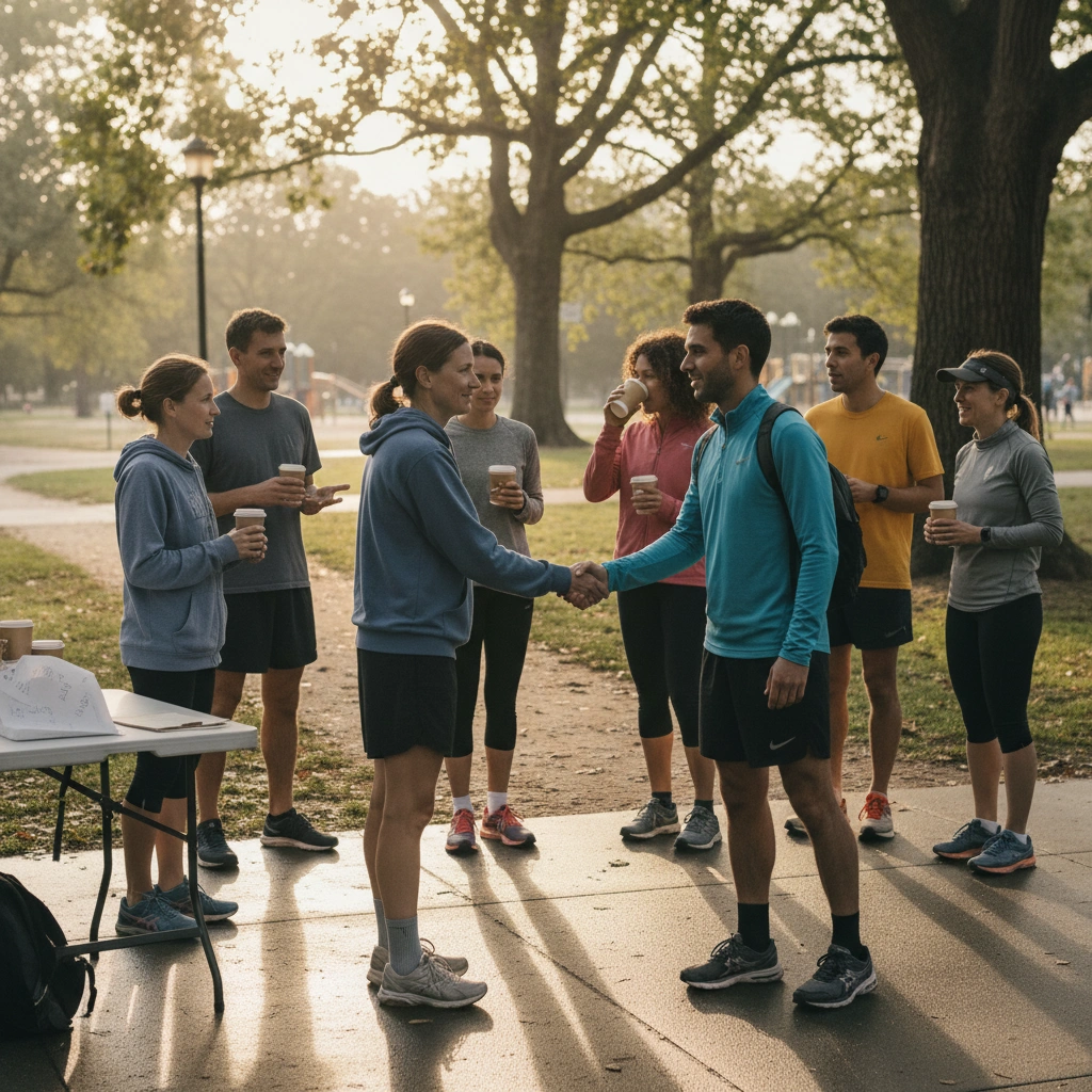 Diverse group of casual runners gathering at a city park trailhead at sunrise, welcoming a new member to the club.