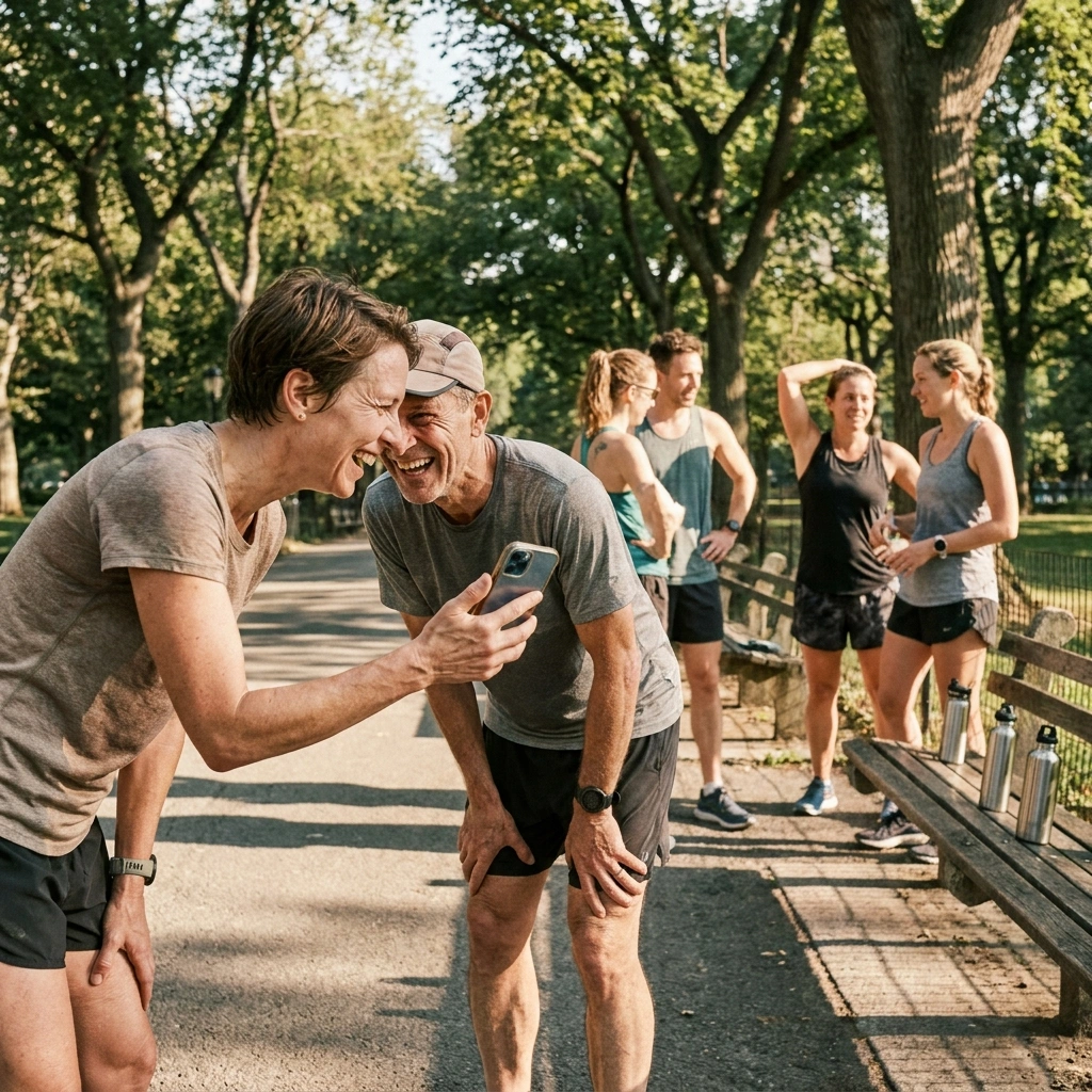 Two runners laughing in a sunlit park after a group run, one holding out a phone to the other while other members stretch nearby.