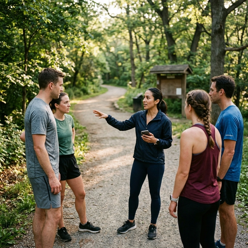 A small group of runners gathered at a city park trailhead in early summer light, one pointing the group toward the route