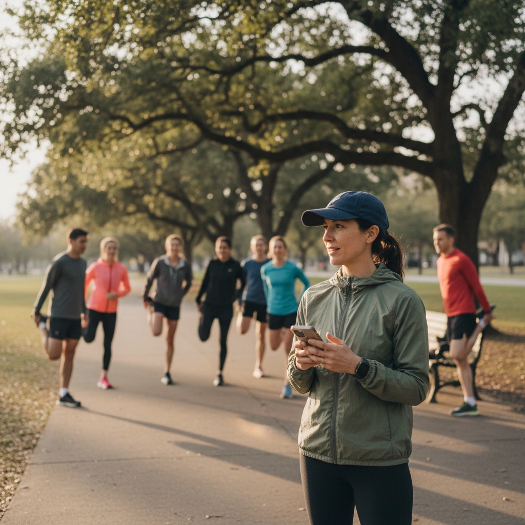 A run club organizer standing at the edge of a group warmup with a phone in hand, reviewing the morning's roster