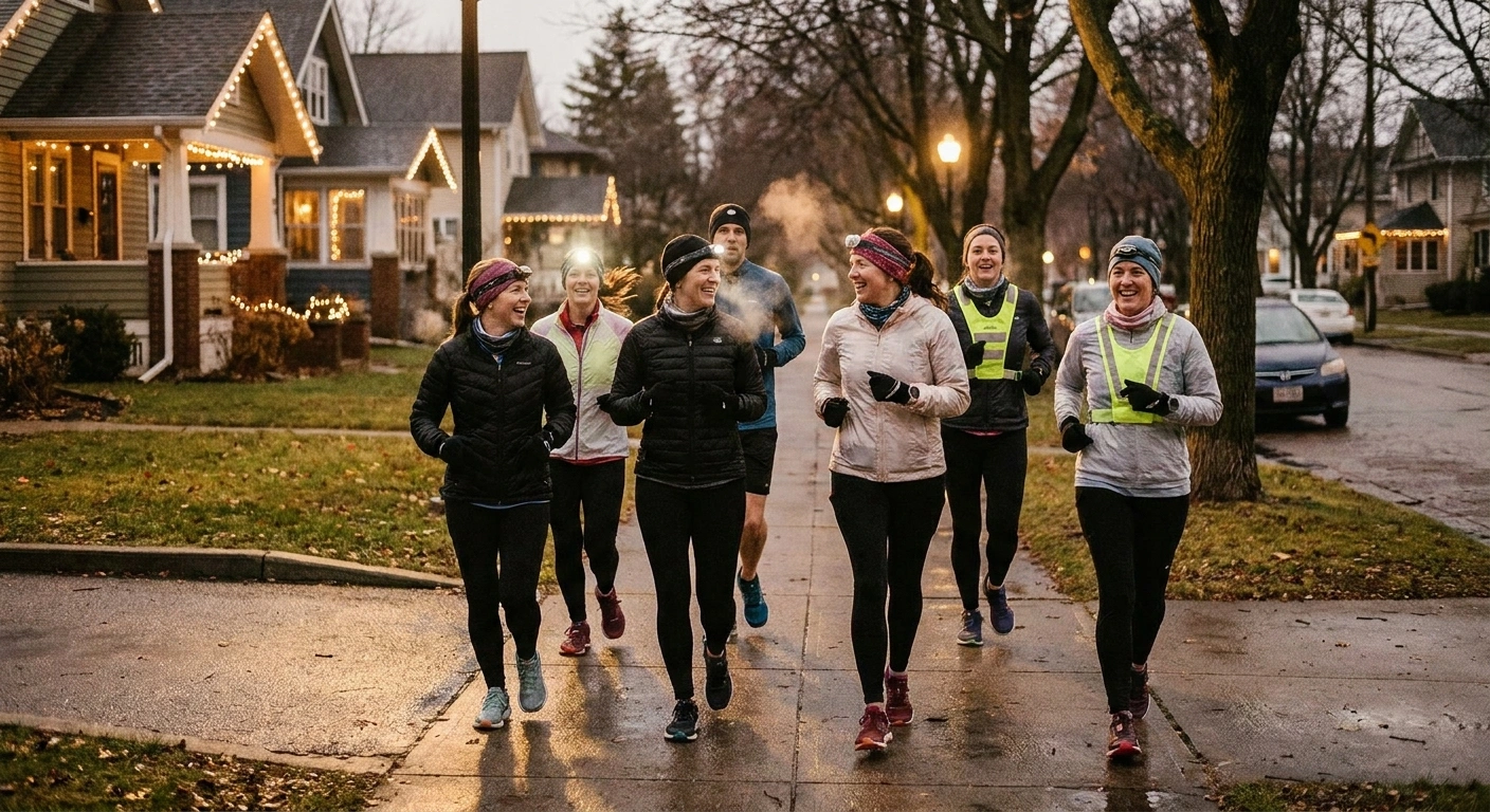 A small group of adult runners in winter layers and headlamps running together past houses with holiday lights on a December evening
