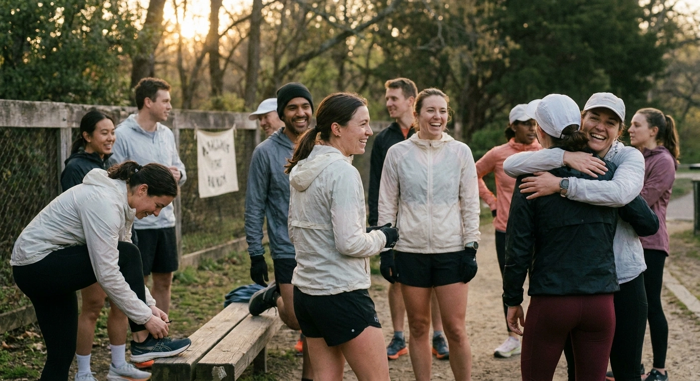 A group of runners of mixed ages gathered at a park trailhead at sunrise, stretching and chatting before a group run in warm morning light.