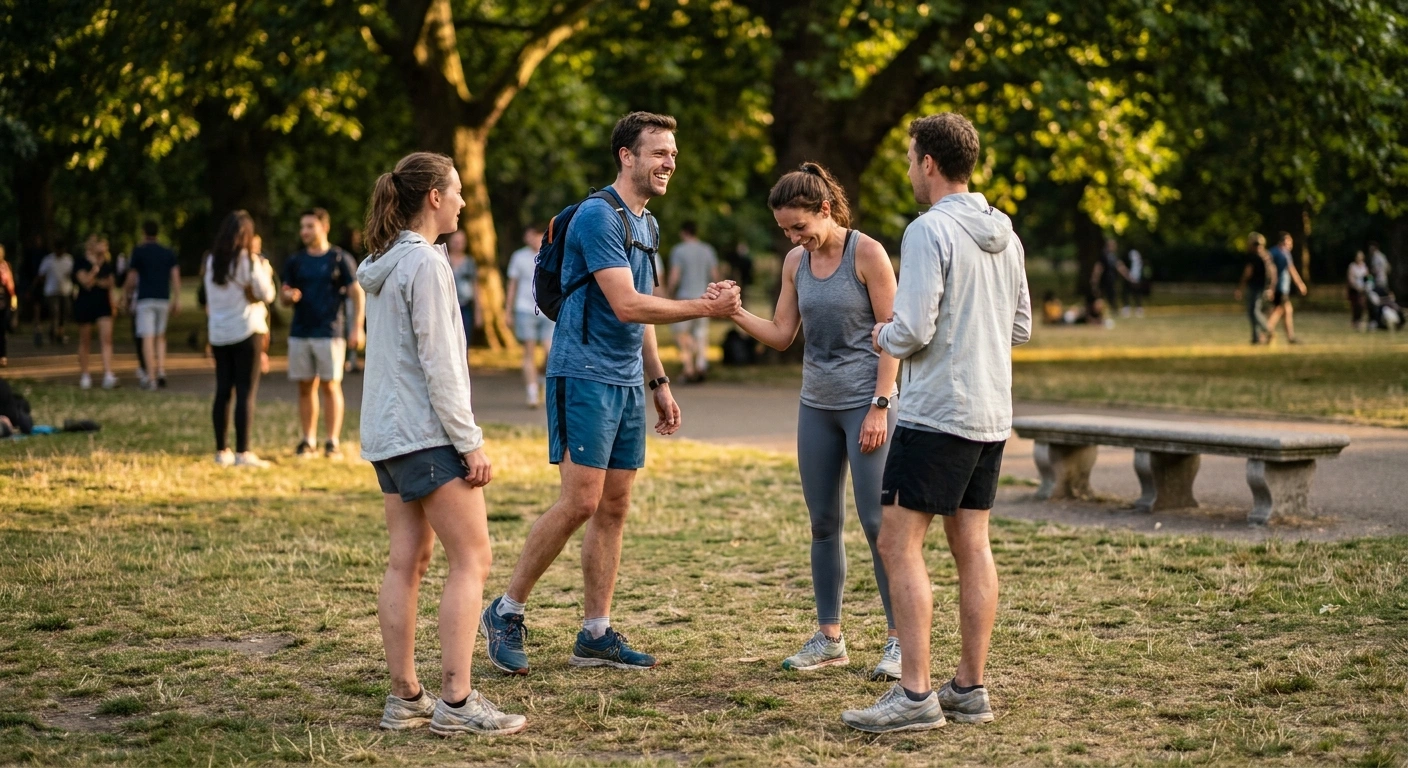 A running club member welcoming a first-time newcomer with a handshake at a golden-hour park meetup