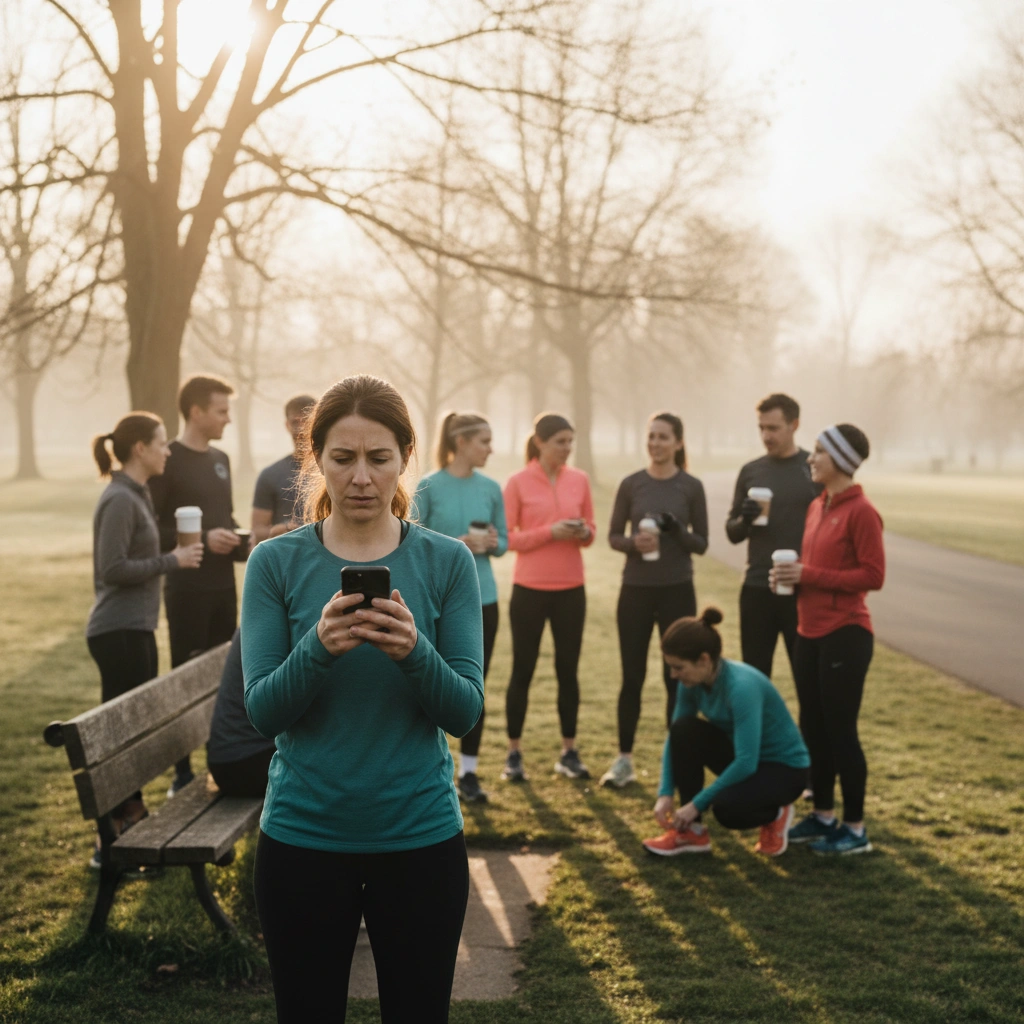A run club captain checks her phone at the trailhead before a Saturday group run while members stretch and chat around her in early morning light.