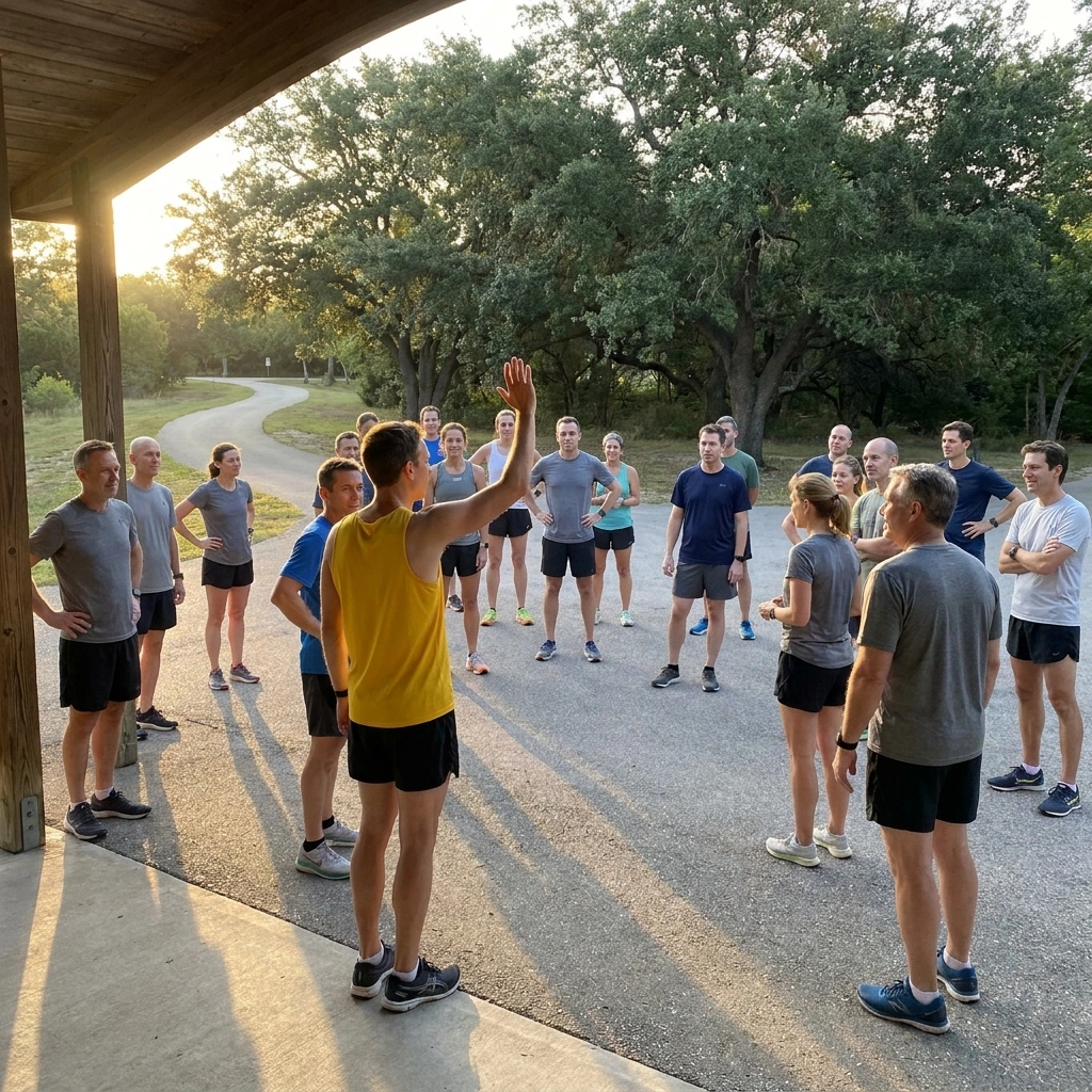 Runners gathered at a park pavilion on a summer evening while a run leader in a bright vest raises a hand to call the group together
