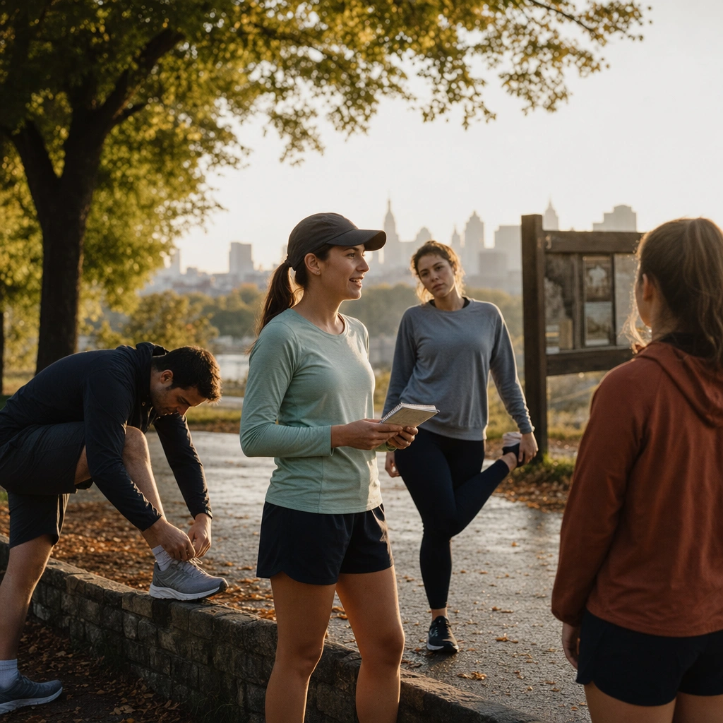 Group of casual runners gathering at a neighborhood trailhead at sunrise, founder checking a clipboard with a checklist before the first group run.