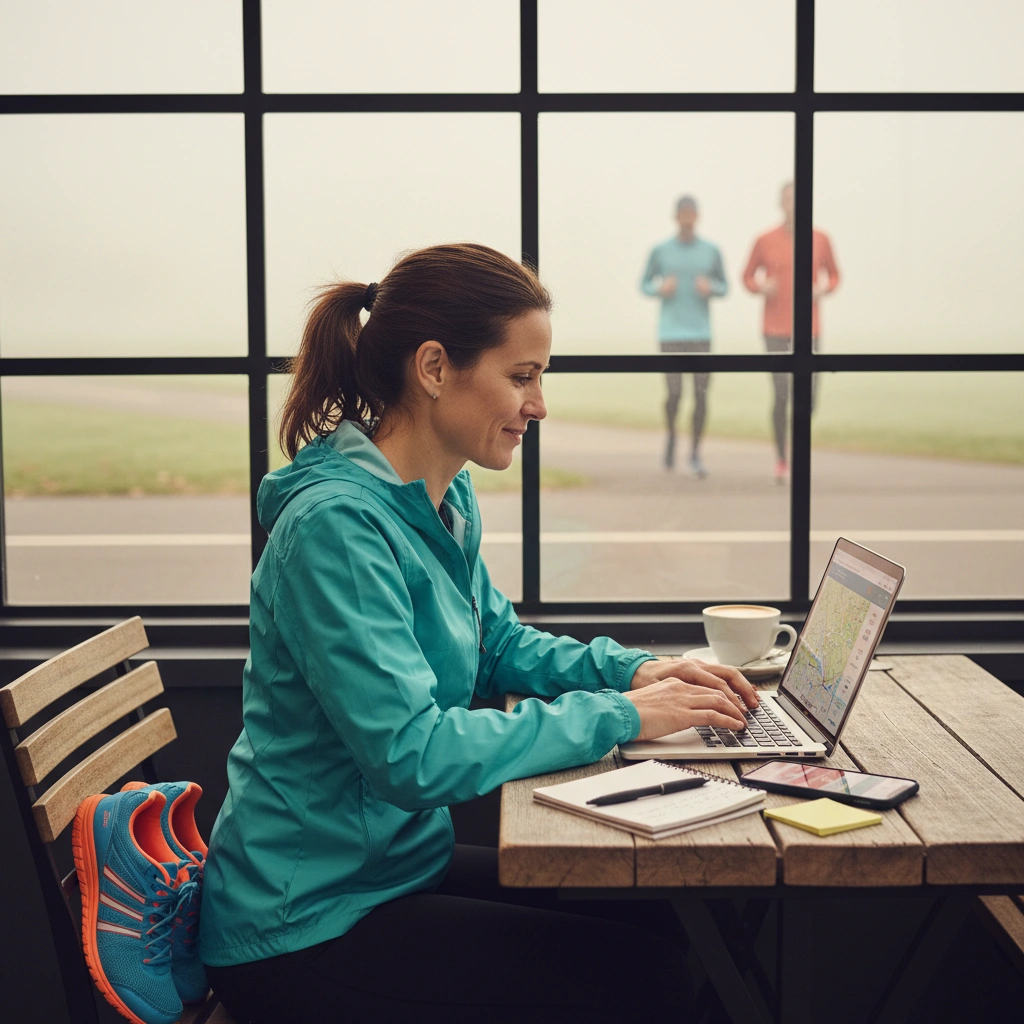 A running club organizer checking their phone before a group run